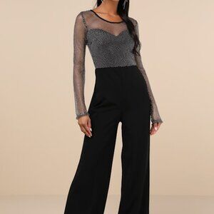Lulus Beyond Glamorous Black Fishnet Rhinestone Jumpsuit - Size XS